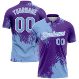 Custom Light Blue Purple-White 3D Pattern Design Abstract Brush Stroke Performance Polo Shirt