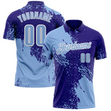 Custom Light Blue Dark Purple-White 3D Pattern Design Abstract Brush Stroke Performance Polo Shirt