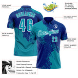Custom Teal Royal-White 3D Pattern Design Abstract Brush Stroke Performance Polo Shirt