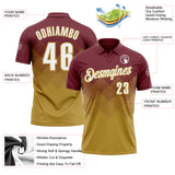 Custom Burgundy White-Old Gold 3D Gradient Square Shape Performance Polo Shirt