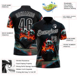 Custom Black White 3D Flame Skull Bowling Performance Polo Shirt