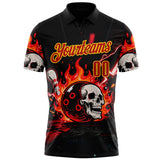 Custom Black Red-Yellow 3D Flame Skull Bowling Performance Polo Shirt
