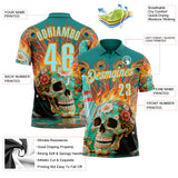 Custom Blue Ice Blue-Bay Orange 3D Peacock Flame Skull Bowling Performance Polo Shirt