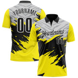 Custom Light Yellow Black Gray-White 3D Pattern Design Splash Performance Polo Shirt