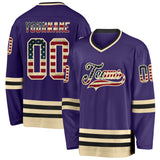 Custom Purple Vintage USA Flag Cream-Black Hockey Jersey