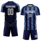 Custom Navy White-Light Blue Abstract Shape Sublimation Soccer Uniform Jersey