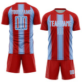 Custom Red Light Blue-White Line Sublimation Soccer Uniform Jersey