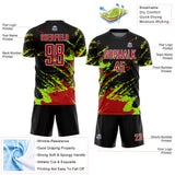 Custom Black Red-Neon Green Abstract Fragment Art Splash Sublimation Soccer Uniform Jersey