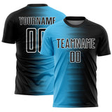 Custom Black Sky Blue-White Gradient Line Sublimation Soccer Uniform Jersey