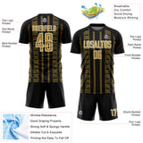 Custom Black Old Gold-White Geometric Shape Sublimation Soccer Uniform Jersey