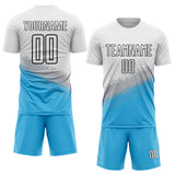 Custom White Gray Sky Blue-Black Gradient Geometric Shape Sublimation Soccer Uniform Jersey