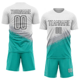 Custom White Gray Aqua-Black Gradient Geometric Shape Sublimation Soccer Uniform Jersey