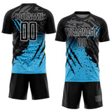 Custom Black Sky Blue-White Gradient Scratch Splash Sublimation Soccer Uniform Jersey