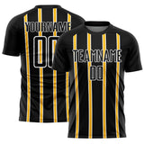 Custom Black Gold-White Stripe Line Sublimation Soccer Uniform Jersey