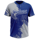 Custom Gray Royal-White 3D Pattern Abstract Brush Stroke Two-Button Unisex Softball Jersey