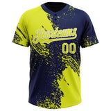Custom Neon Yellow Navy-White 3D Pattern Abstract Brush Stroke Two-Button Unisex Softball Jersey