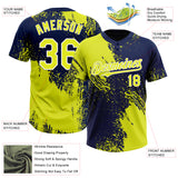 Custom Neon Yellow Navy-White 3D Pattern Abstract Brush Stroke Two-Button Unisex Softball Jersey