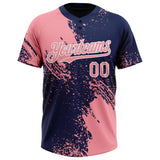 Custom Medium Pink Navy-White 3D Pattern Abstract Brush Stroke Two-Button Unisex Softball Jersey
