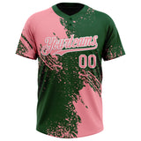 Custom Medium Pink Green-White 3D Pattern Abstract Brush Stroke Two-Button Unisex Softball Jersey