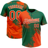 Custom Orange Kelly Green-White 3D Pattern Abstract Brush Stroke Two-Button Unisex Softball Jersey