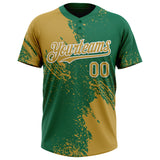 Custom Old Gold Kelly Green-White 3D Pattern Abstract Brush Stroke Two-Button Unisex Softball Jersey