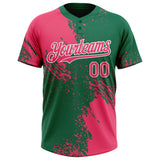 Custom Neon Pink Kelly Green-White 3D Pattern Abstract Brush Stroke Two-Button Unisex Softball Jersey