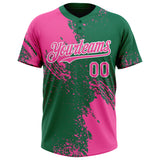 Custom Pink Kelly Green-White 3D Pattern Abstract Brush Stroke Two-Button Unisex Softball Jersey