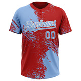 Custom Light Blue Red-White 3D Pattern Abstract Brush Stroke Two-Button Unisex Softball Jersey