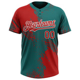 Custom Red Teal-White 3D Pattern Abstract Brush Stroke Two-Button Unisex Softball Jersey