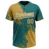 Custom Old Gold Teal-White 3D Pattern Abstract Brush Stroke Two-Button Unisex Softball Jersey