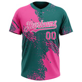 Custom Pink Teal-White 3D Pattern Abstract Brush Stroke Two-Button Unisex Softball Jersey