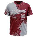 Custom Gray Crimson-White 3D Pattern Abstract Brush Stroke Two-Button Unisex Softball Jersey