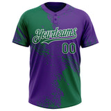 Custom Kelly Green Purple-White 3D Pattern Abstract Brush Stroke Two-Button Unisex Softball Jersey