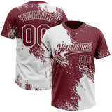 Custom White Burgundy 3D Pattern Abstract Brush Stroke Two-Button Unisex Softball Jersey