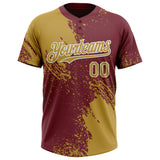 Custom Old Gold Burgundy-White 3D Pattern Abstract Brush Stroke Two-Button Unisex Softball Jersey