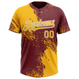 Custom Gold Burgundy-White 3D Pattern Abstract Brush Stroke Two-Button Unisex Softball Jersey