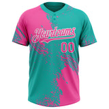 Custom Pink Aqua-White 3D Pattern Abstract Brush Stroke Two-Button Unisex Softball Jersey