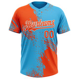 Custom Orange Sky Blue-White 3D Pattern Abstract Brush Stroke Two-Button Unisex Softball Jersey