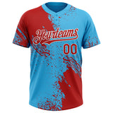 Custom Red Sky Blue-White 3D Pattern Abstract Brush Stroke Two-Button Unisex Softball Jersey