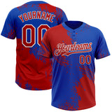 Custom Red Thunder Blue-White 3D Pattern Abstract Brush Stroke Two-Button Unisex Softball Jersey