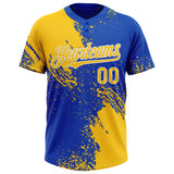 Custom Yellow Thunder Blue-White 3D Pattern Abstract Brush Stroke Two-Button Unisex Softball Jersey
