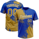 Custom Old Gold Thunder Blue-White 3D Pattern Abstract Brush Stroke Two-Button Unisex Softball Jersey