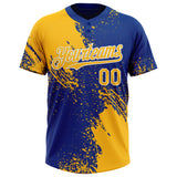 Custom Gold Royal-White 3D Pattern Abstract Brush Stroke Two-Button Unisex Softball Jersey