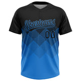 Custom Black Electric Blue 3D Gradient Square Shape Two-Button Unisex Softball Jersey