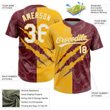 Custom Graffiti Pattern White Burgundy-Gold 3D Scratch Two-Button Unisex Softball Jersey