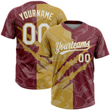 Custom Graffiti Pattern White Burgundy-Old Gold 3D Scratch Two-Button Unisex Softball Jersey