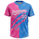 Custom Graffiti Pattern White Electric Blue-Pink 3D Scratch Two-Button Unisex Softball Jersey