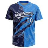 Custom Graffiti Pattern White Electric Blue-Navy 3D Scratch Two-Button Unisex Softball Jersey