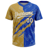 Custom Graffiti Pattern White Thunder Blue-Old Gold 3D Scratch Two-Button Unisex Softball Jersey