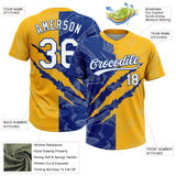 Custom Graffiti Pattern White Gold-Royal 3D Scratch Two-Button Unisex Softball Jersey